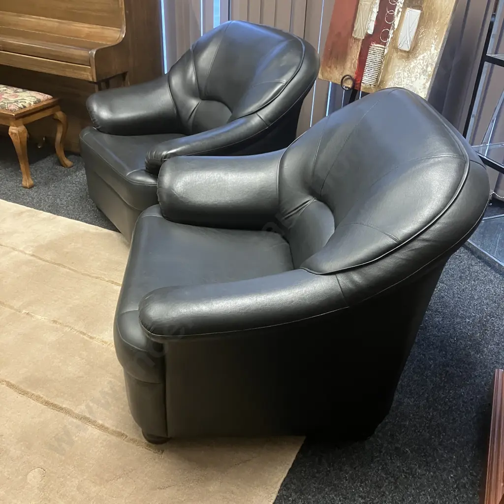 Pair of Black Leather Effect Sofa Chairs, Black Turned Wooden Feet Image 1++
