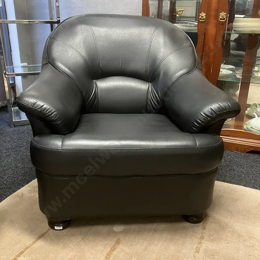 Pair of Black Leather Effect Sofa Chairs, Black Turned Wooden Feet Image 1++