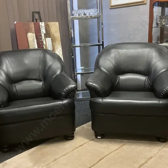 Pair of Black Leather Effect Sofa Chairs, Black Turned Wooden Feet