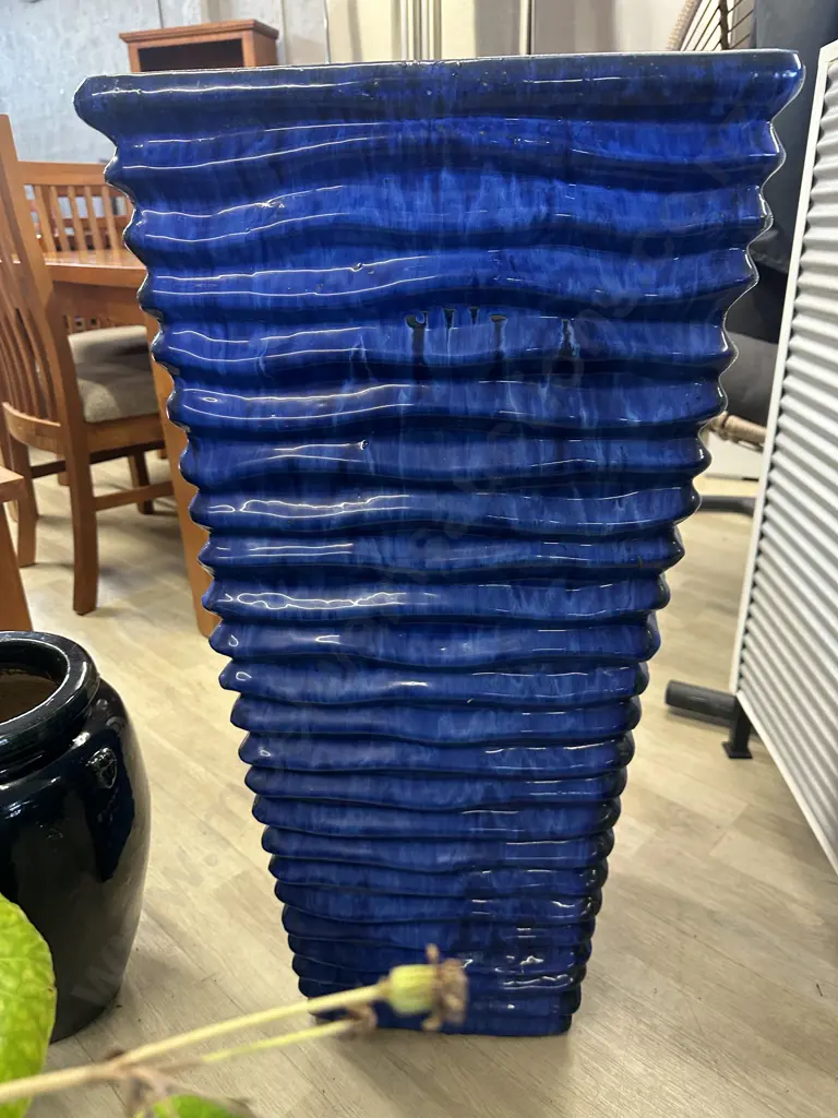 Tall Square Ribbed Blue Planter H90,40x40cm. Image 1++