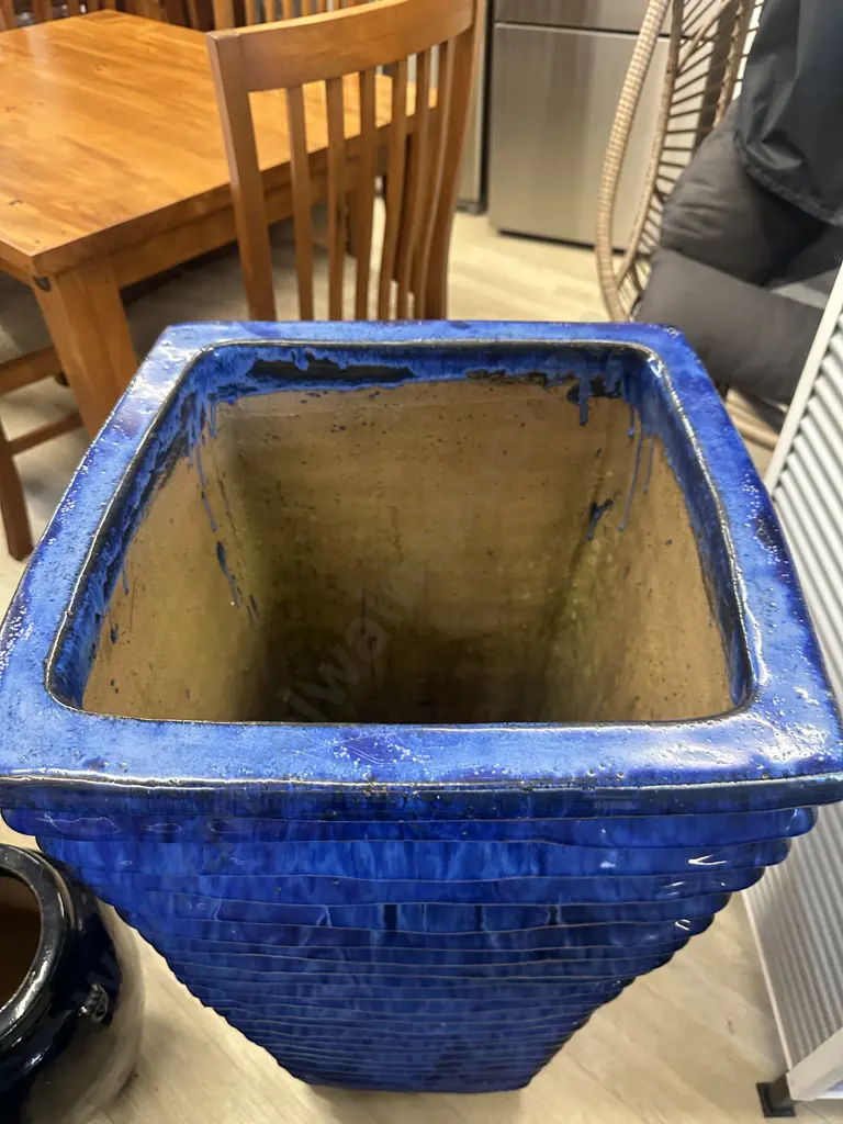 Tall Square Ribbed Blue Planter H90,40x40cm. Image 1++