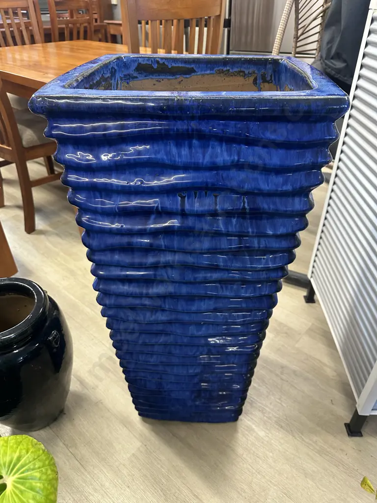 Tall Square Ribbed Blue Planter H90,40x40cm. Image 1++