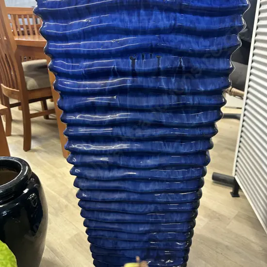 Tall Square Ribbed Blue Planter H90,40x40cm.