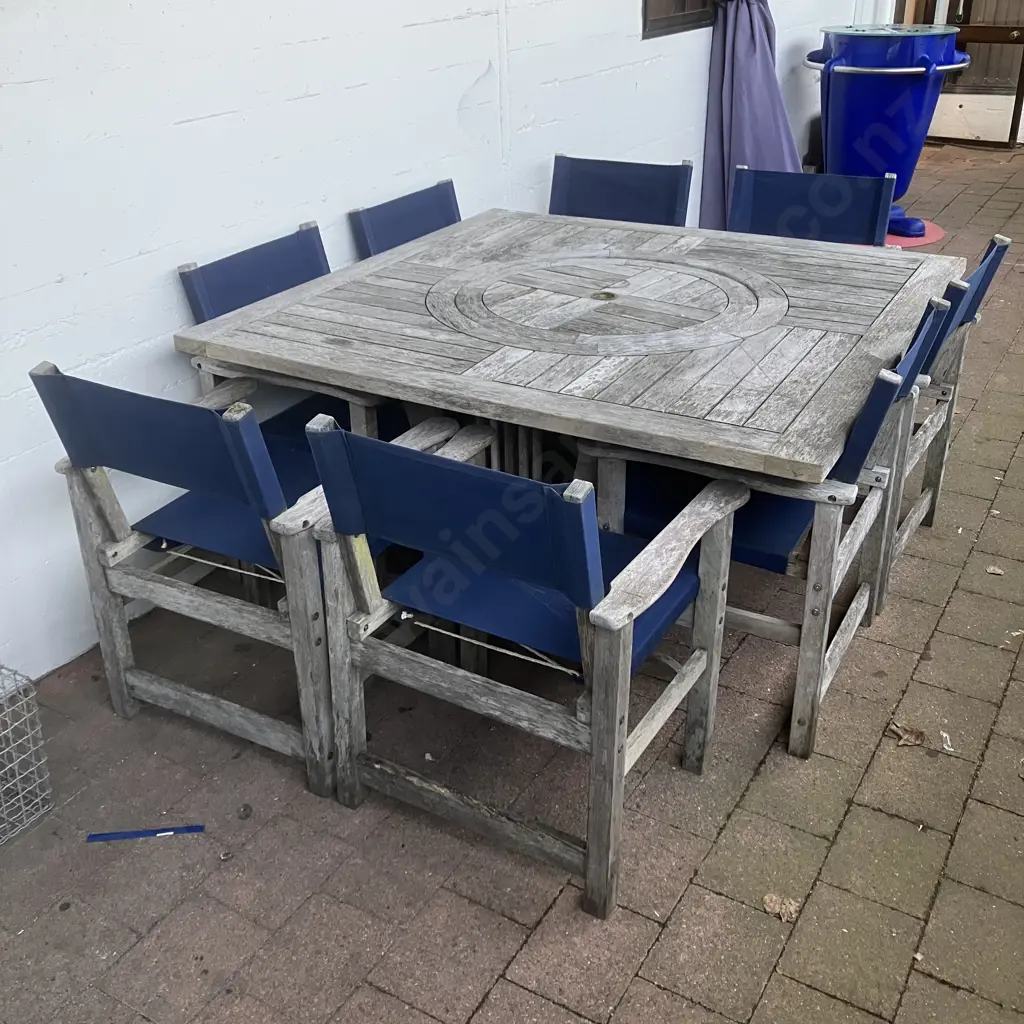 8 Seater Outdoor Dining Set, Square 150 x 150cm Table, Blue Canvas Chairs Image 1++