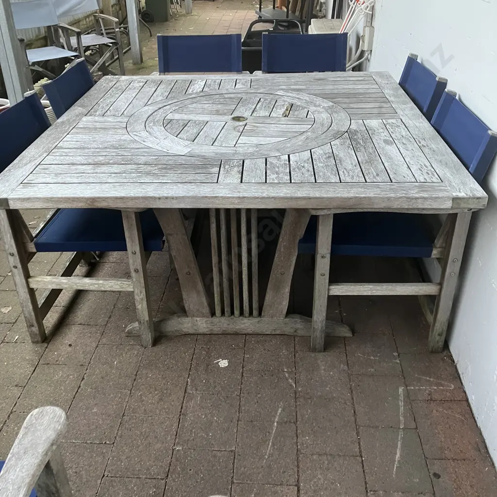 8 Seater Outdoor Dining Set, Square 150 x 150cm Table, Blue Canvas Chairs Image 1++