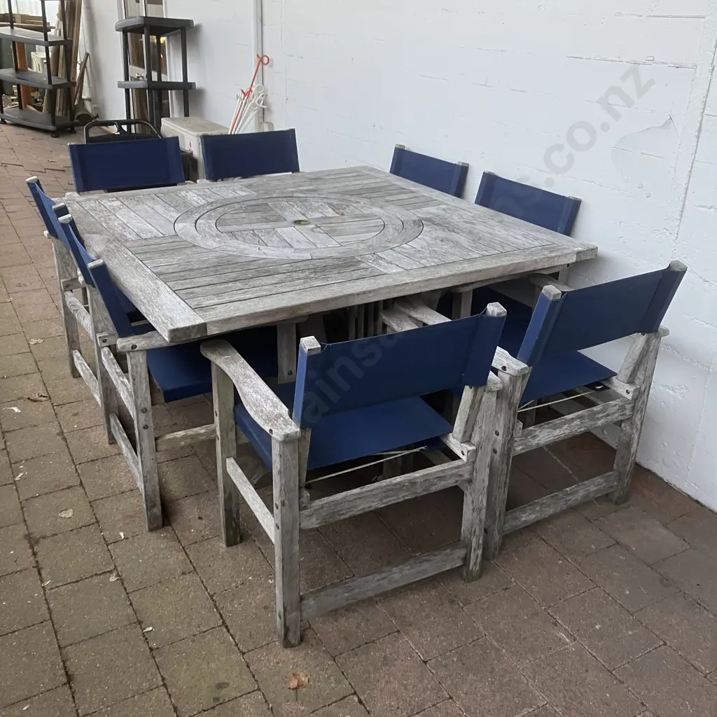 8 Seater Outdoor Dining Set, Square 150 x 150cm Table, Blue Canvas Chairs Image 1++