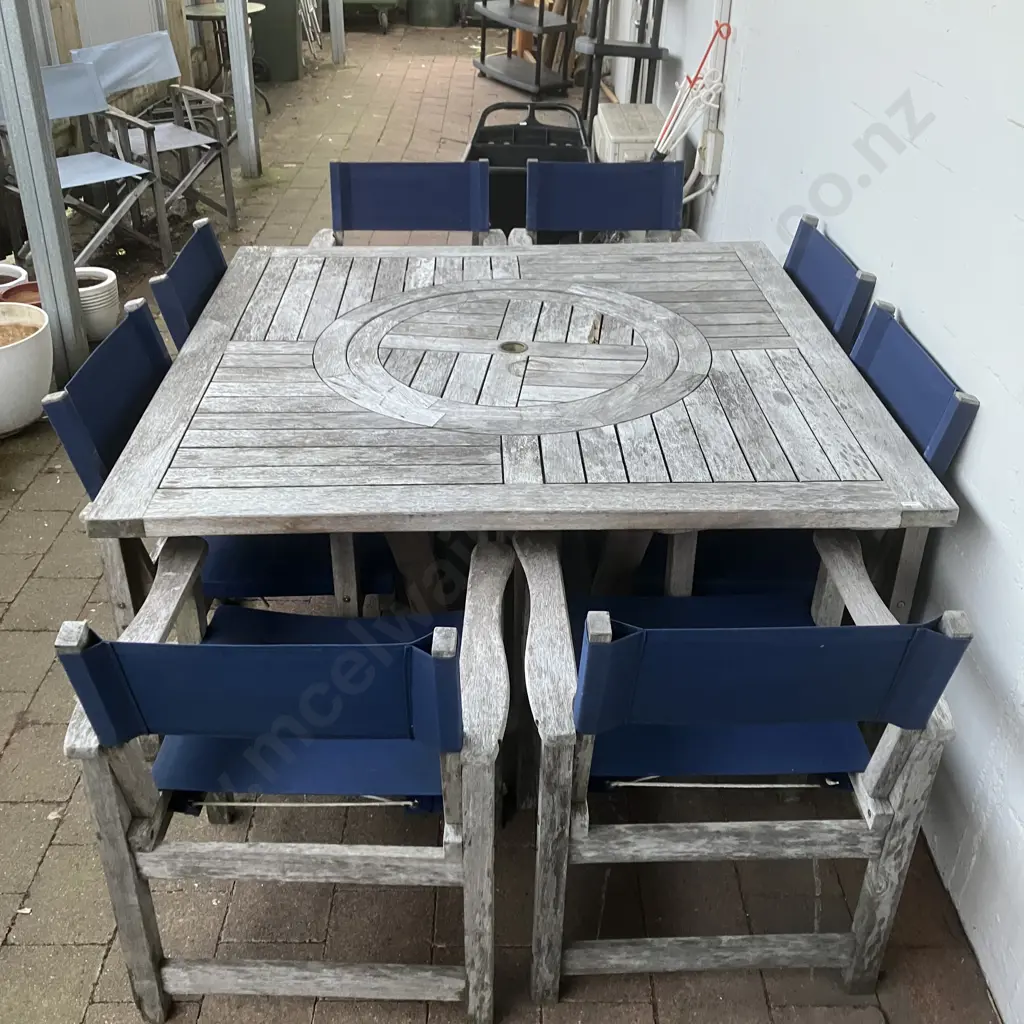 8 Seater Outdoor Dining Set, Square 150 x 150cm Table, Blue Canvas Chairs Image 1++