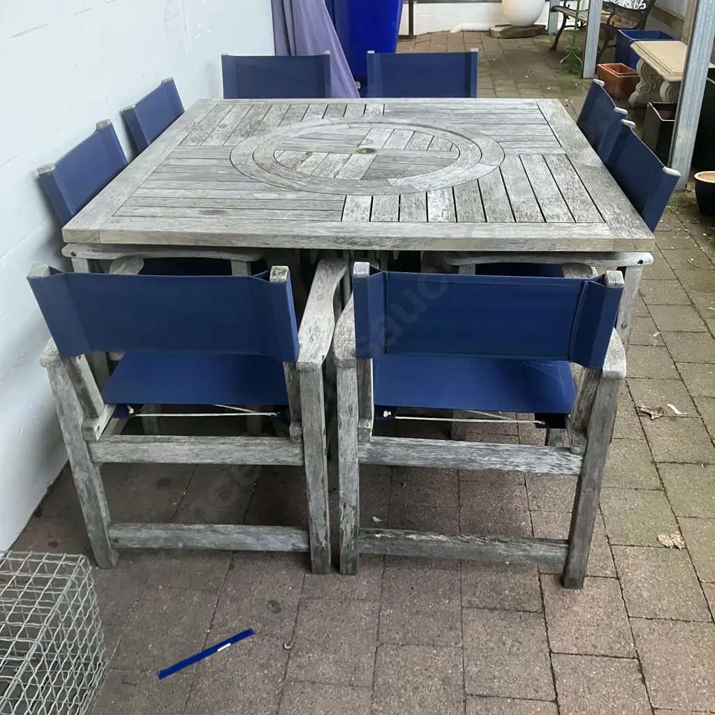 8 Seater Outdoor Dining Set, Square 150 x 150cm Table, Blue Canvas Chairs Image 1++