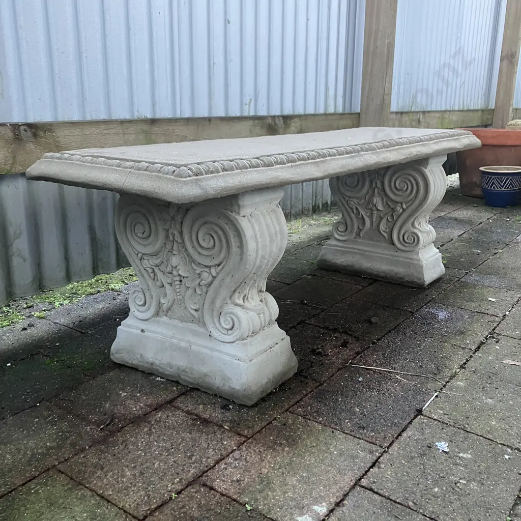 Vintage Cast Concrete Double Pillar Ornate Garden Bench. H44 W131 D40cm Image 1++