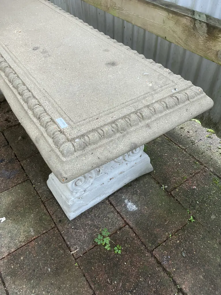 Vintage Cast Concrete Double Pillar Ornate Garden Bench. H44 W131 D40cm Image 1++