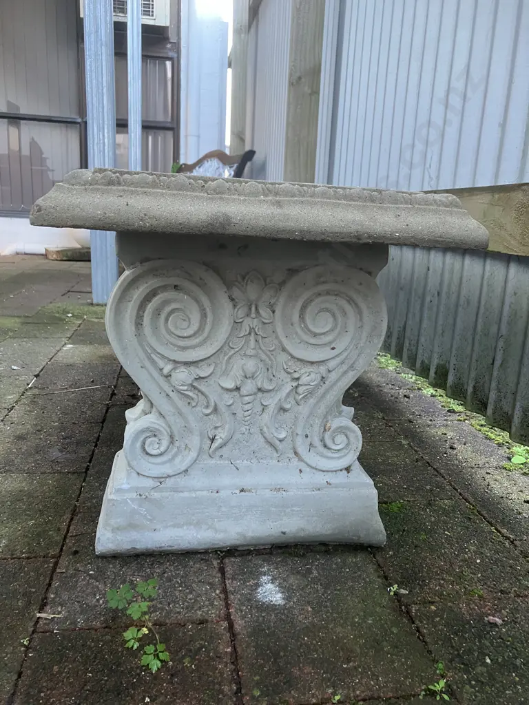 Vintage Cast Concrete Double Pillar Ornate Garden Bench. H44 W131 D40cm Image 1++