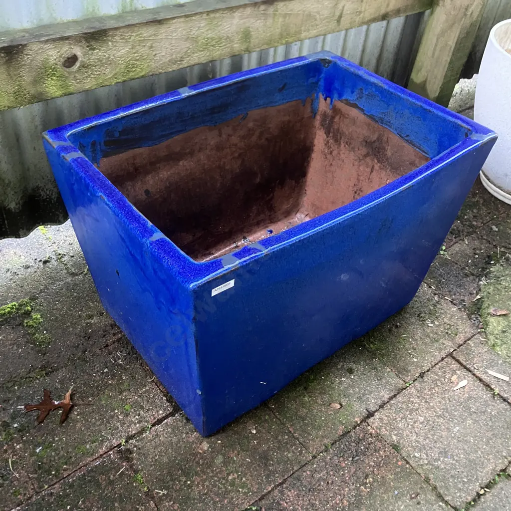 Large Blue Glazed Terracotta Rectangular Planter. H38 W58 D40cm Image 1++