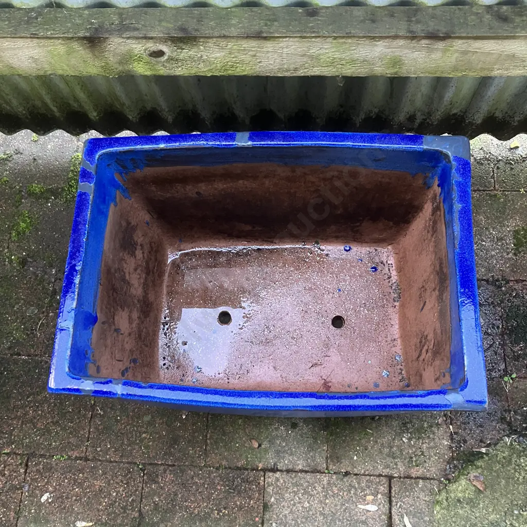 Large Blue Glazed Terracotta Rectangular Planter. H38 W58 D40cm Image 1++