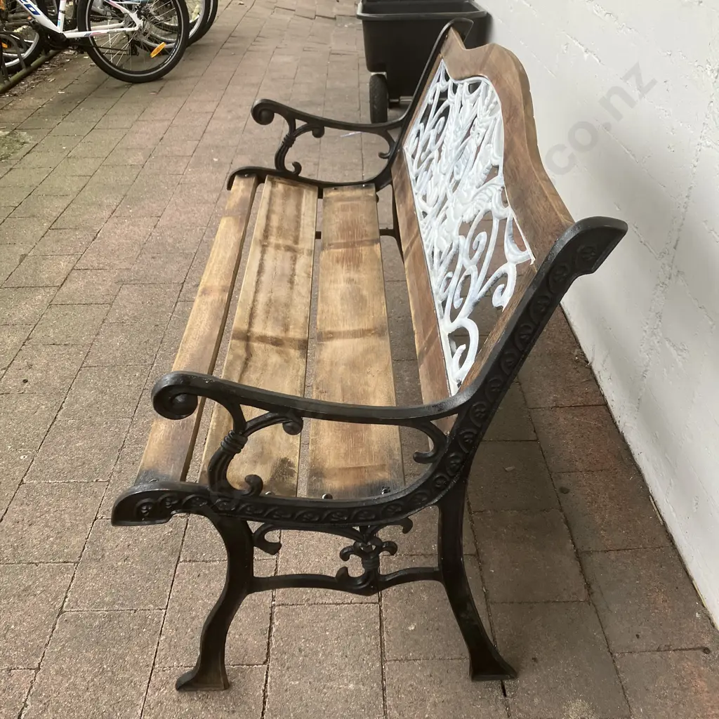 Garden Bench, Cast Ends & Cast Cherub Insert Panel With Wooden Slats. 129.5 x 60cm Image 1++