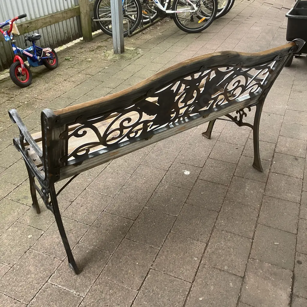 Garden Bench, Cast Ends & Cast Cherub Insert Panel With Wooden Slats. 129.5 x 60cm Image 1++