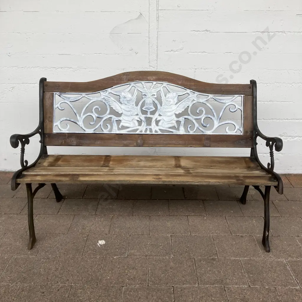 Garden Bench, Cast Ends & Cast Cherub Insert Panel With Wooden Slats. 129.5 x 60cm Image 1++