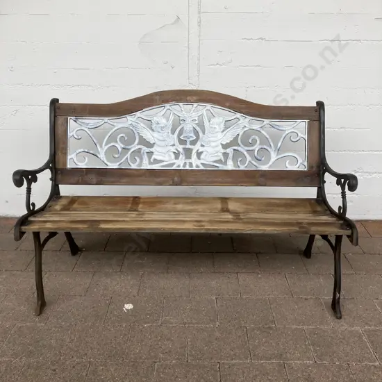 Garden Bench, Cast Ends & Cast Cherub Insert Panel With Wooden Slats. 129.5 x 60cm