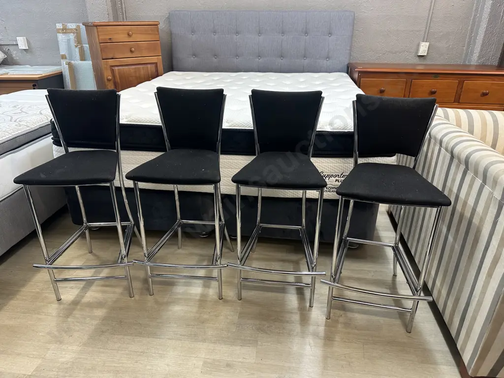 Modernist Barstools x4 Chrome Base With Footrest & Black Upholstery  Image 1++