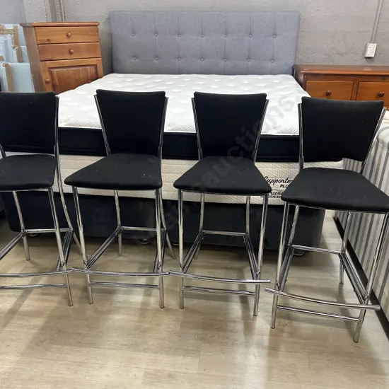 Modernist Barstools x4 Chrome Base With Footrest & Black Upholstery 