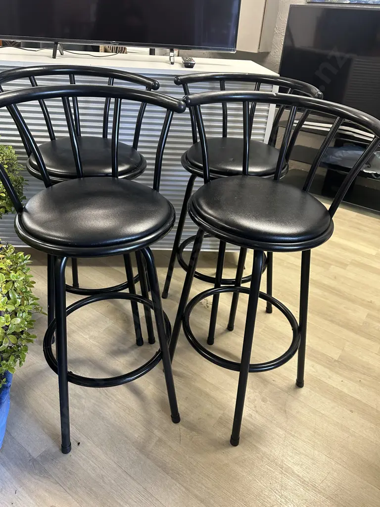 Black Bar Stools x4 Curved back Steel Frame & Leather Look Upholstered Seats Image 1++