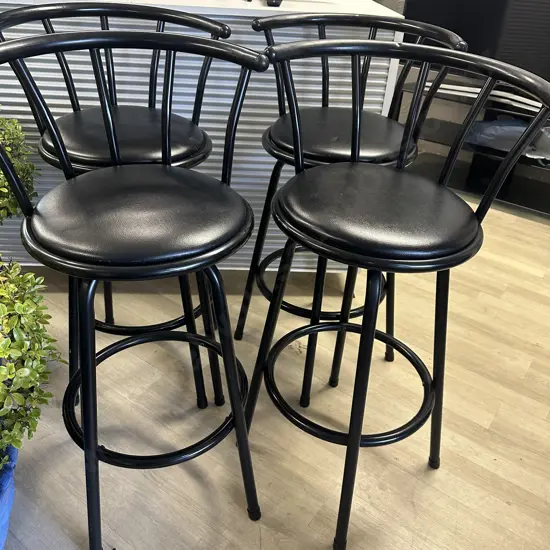 Black Bar Stools x4 Curved back Steel Frame & Leather Look Upholstered Seats