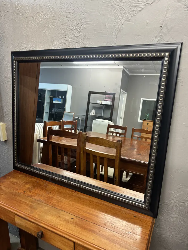 Rectangular Mirror Black Framed With Silver Coloured Detail H72,W92cm. Image 1++