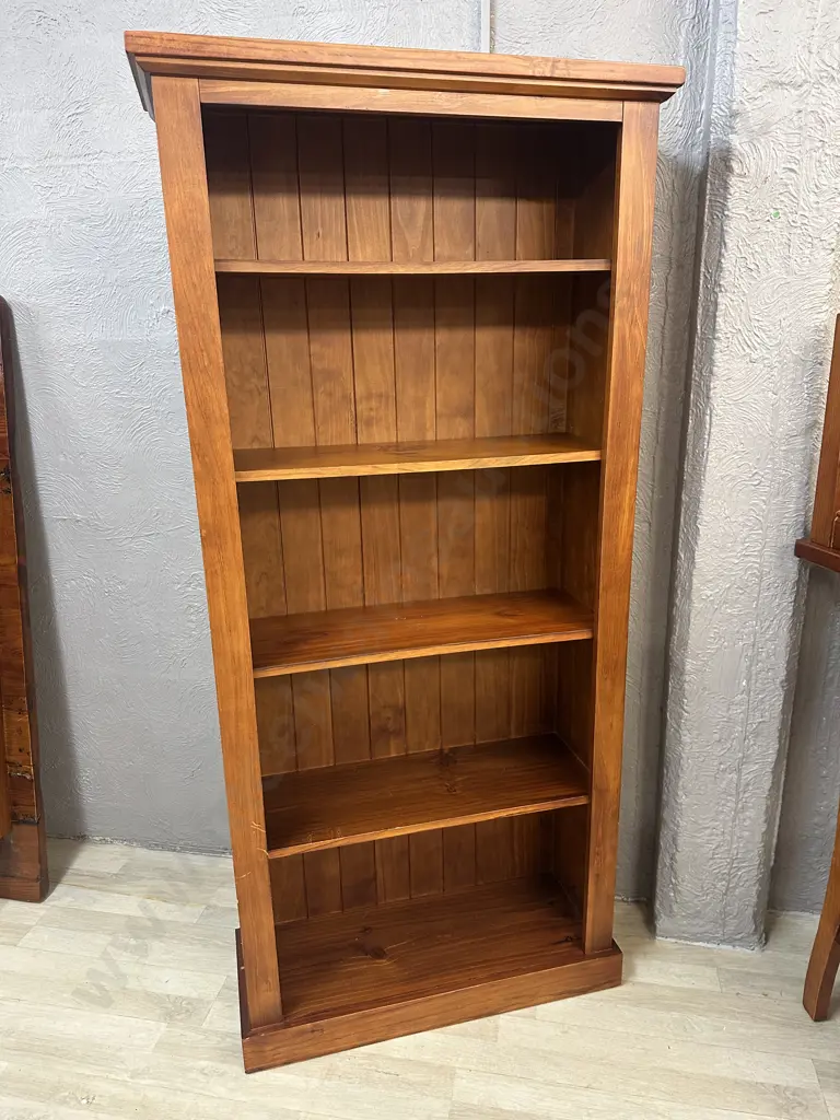 Wooden Pine Bookshelf Four Shelves Tongue & Grove Detail Back H181,W84,D31cm. Image 1++