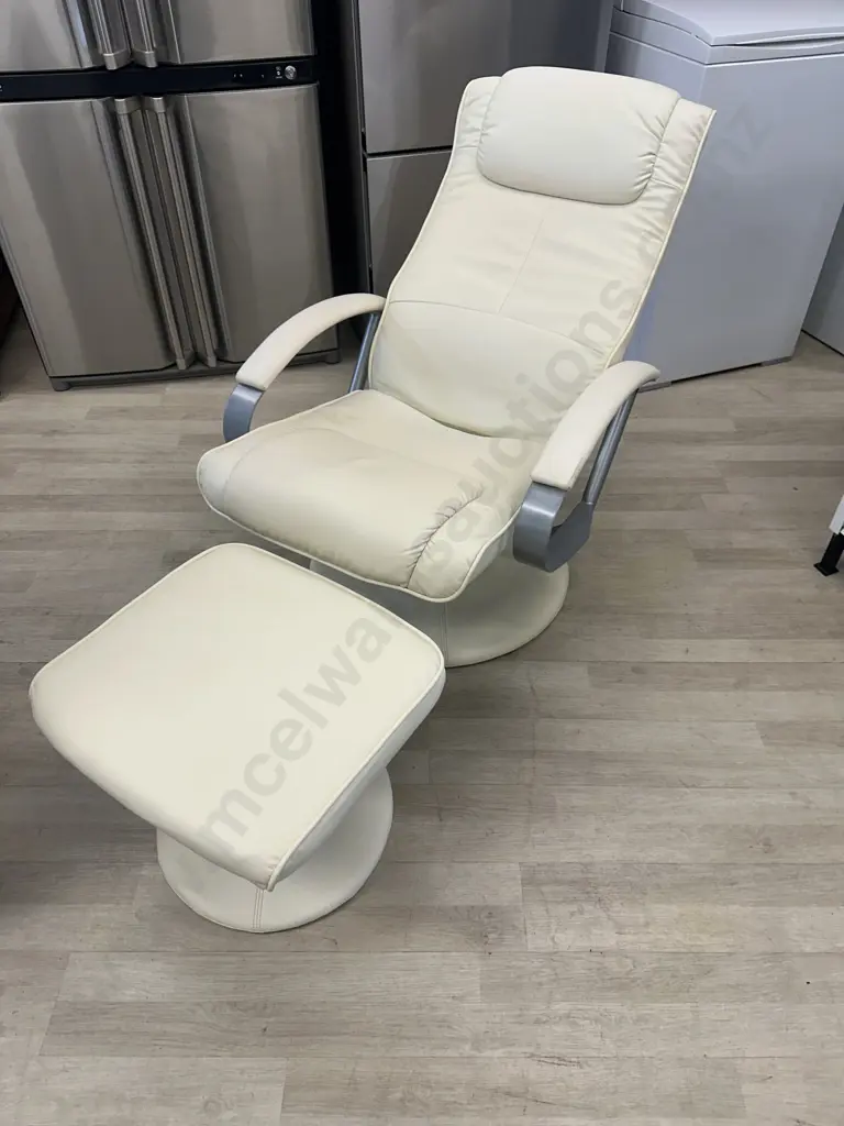 Cream Leather Look Swivel Recliner Chair With Footstool Chrome Coloured Detail Arms & Base (As Found) Image 1++