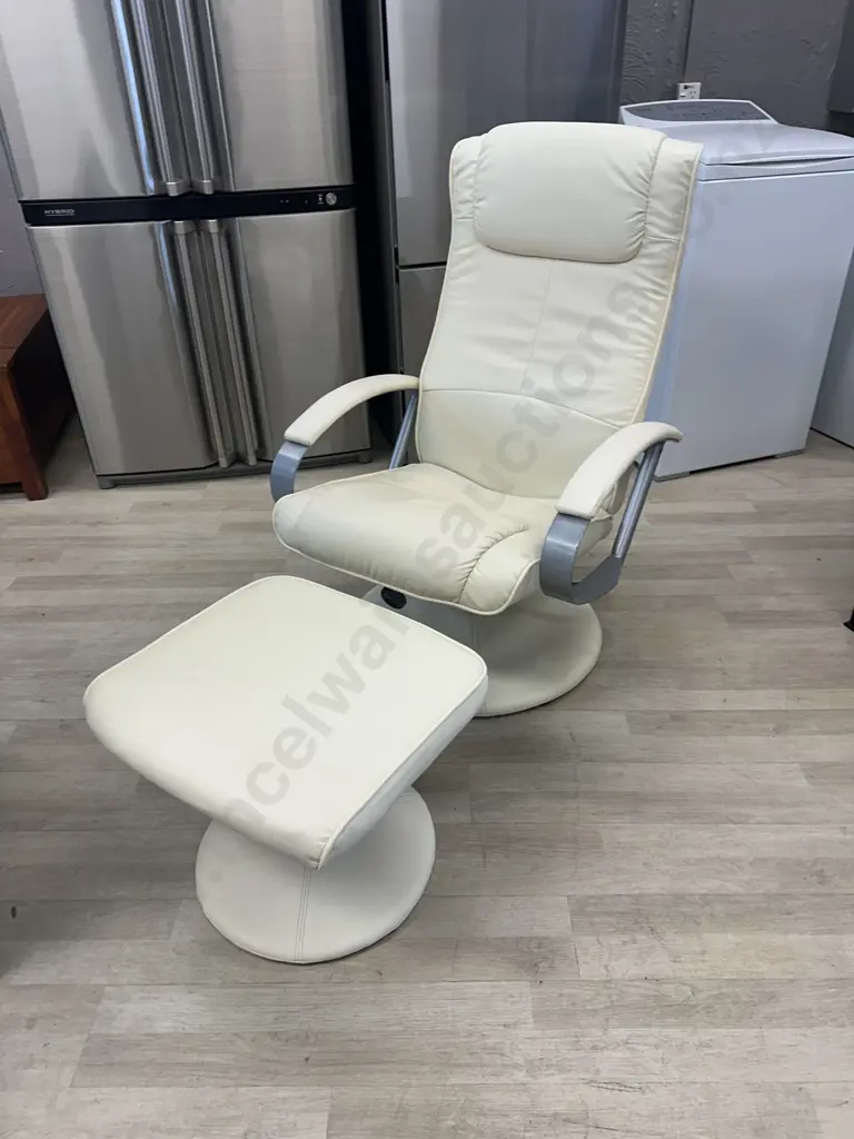 Cream Leather Look Swivel Recliner Chair With Footstool Chrome Coloured Detail Arms & Base (As Found) Image 1++