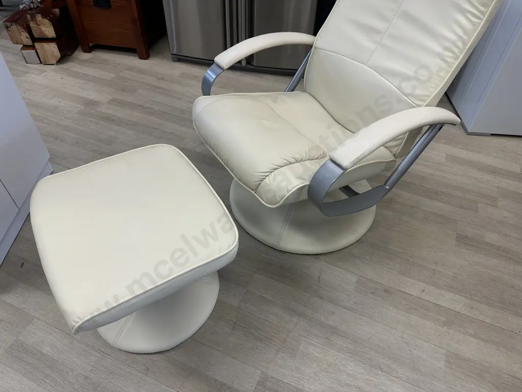 Cream Leather Look Swivel Recliner Chair With Footstool Chrome Coloured Detail Arms & Base (As Found) Image 1++