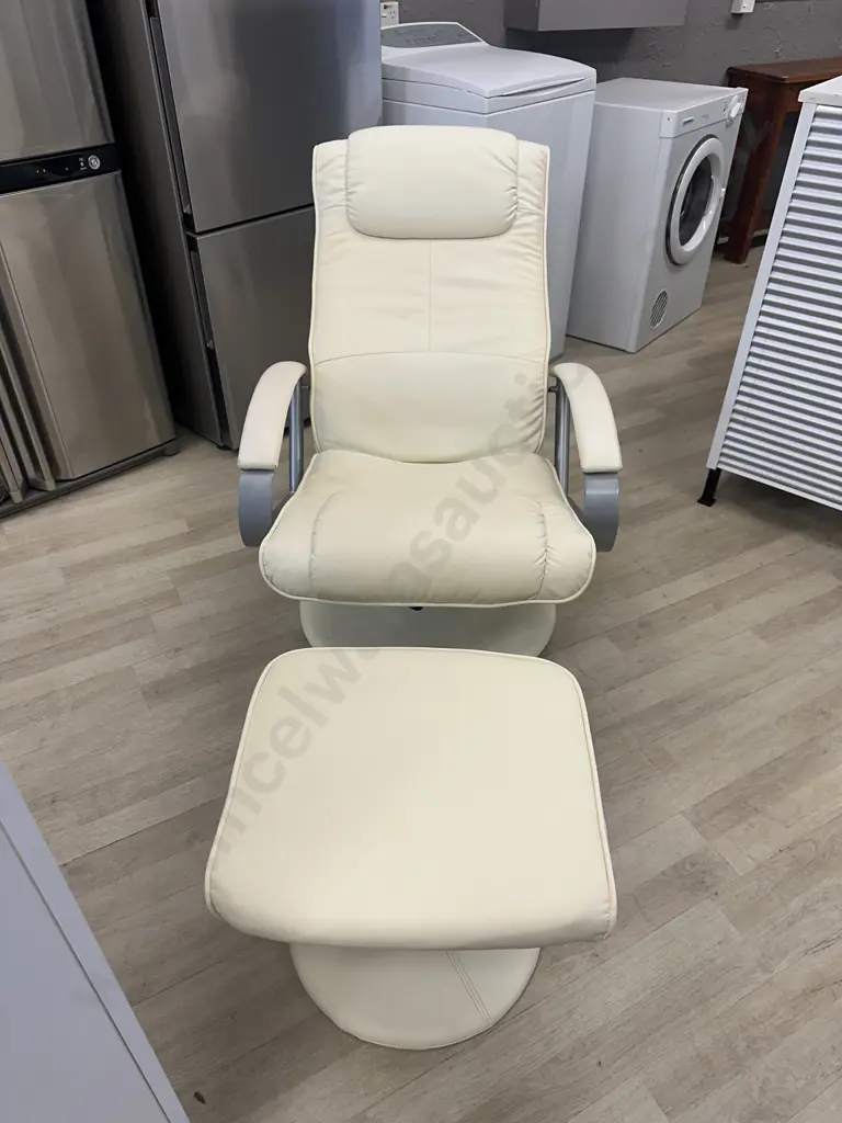 Cream Leather Look Swivel Recliner Chair With Footstool Chrome Coloured Detail Arms & Base (As Found) Image 1++