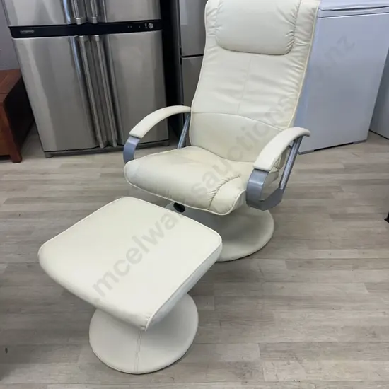 Cream Leather Look Swivel Recliner Chair With Footstool Chrome Coloured Detail Arms & Base (As Found)