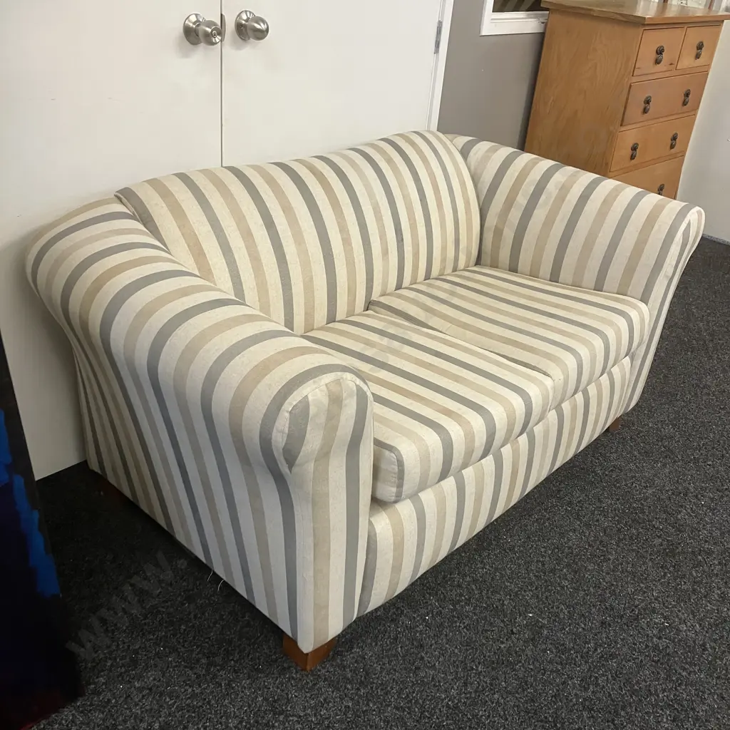 Warwick Fabric Rolled Arm Two Seater Sofa, Grey / Camel / Cream Stripes, Wooden Feet. H156 W83 D78cm Image 1++