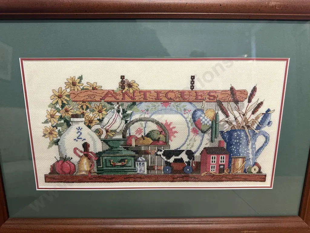 Framed Tapestry 'Antiques' H38,W56cm. Image 1++