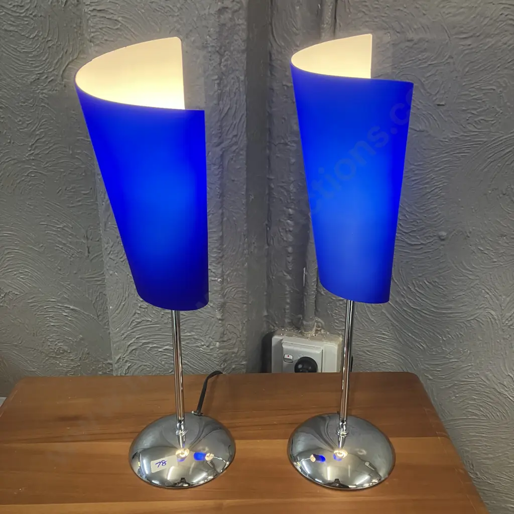 Modernist Table Lamps Electric Blue & White Shades With Chrome Coloured Bases H46.5cm. Image 1++