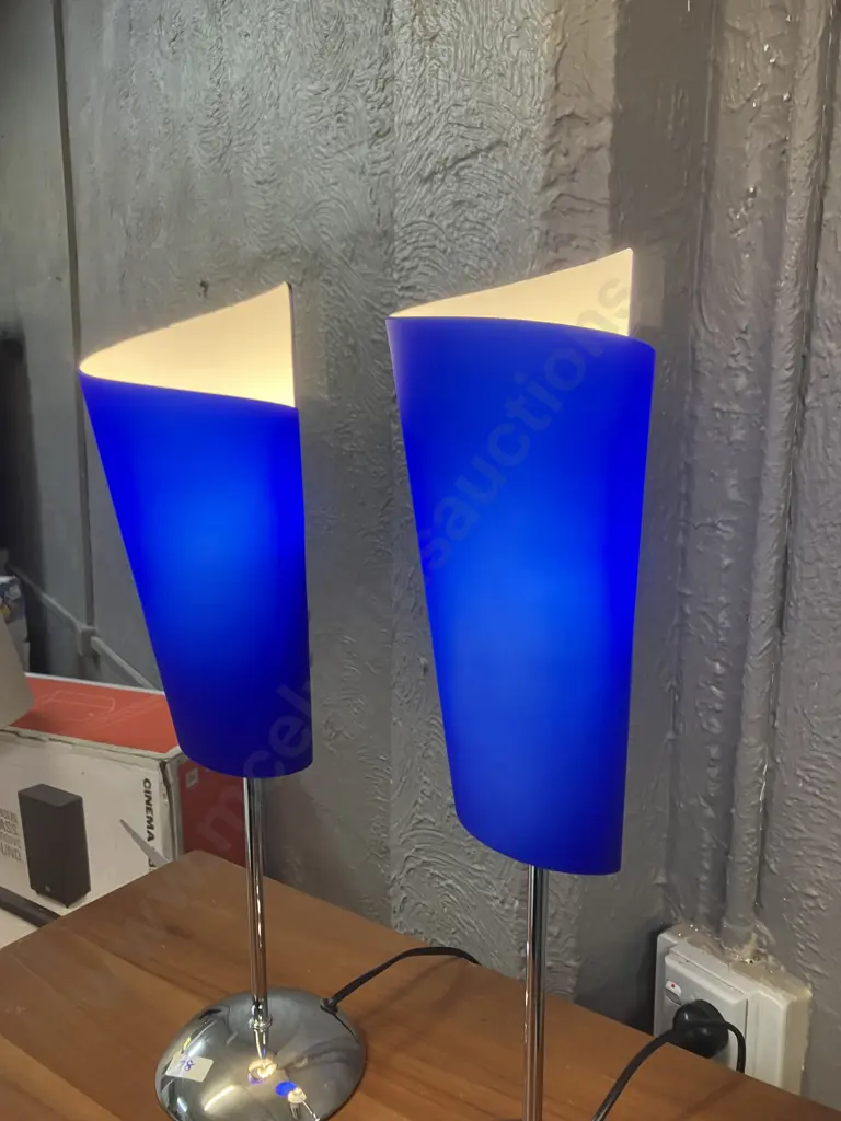 Modernist Table Lamps Electric Blue & White Shades With Chrome Coloured Bases H46.5cm. Image 1++