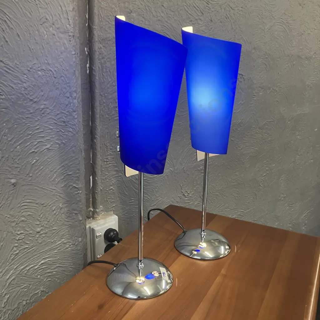 Modernist Table Lamps Electric Blue & White Shades With Chrome Coloured Bases H46.5cm. Image 1++