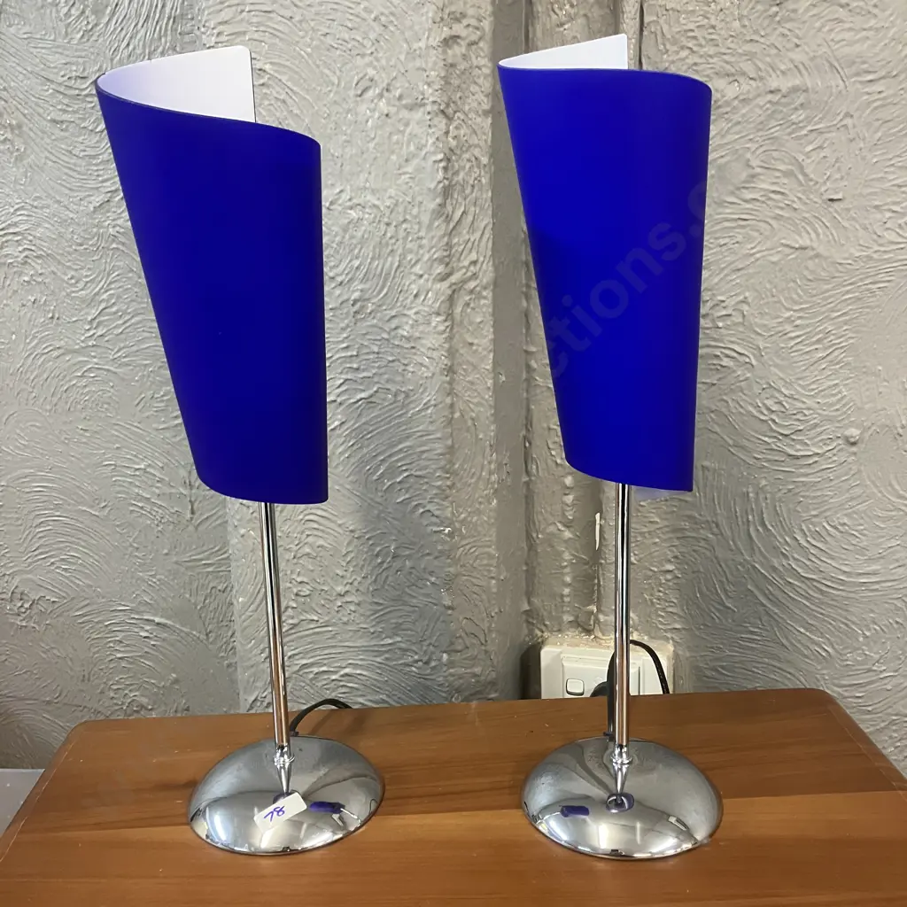 Modernist Table Lamps Electric Blue & White Shades With Chrome Coloured Bases H46.5cm. Image 1++