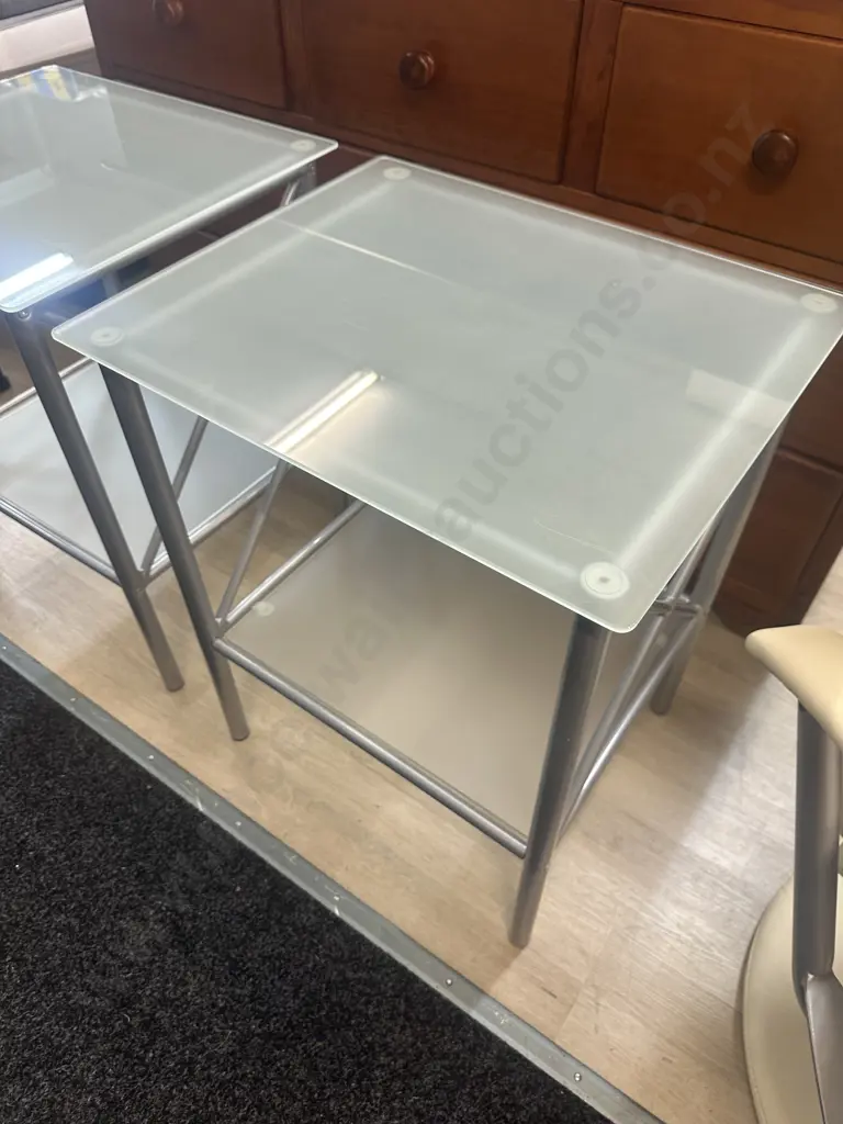 Pair Of Square Silver Coloured Glass Top Side Tables Two Tier H63,W52,D44cm. Image 1++