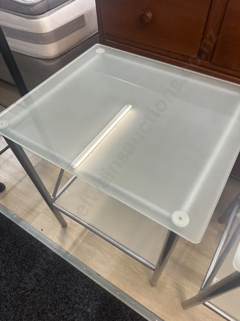 Pair Of Square Silver Coloured Glass Top Side Tables Two Tier H63,W52,D44cm. Image 1++