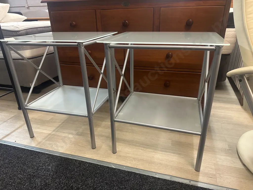 Pair Of Square Silver Coloured Glass Top Side Tables Two Tier H63,W52,D44cm. Image 1++