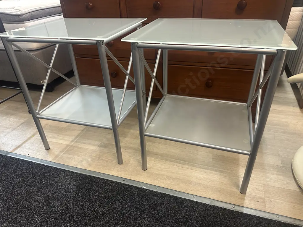 Pair Of Square Silver Coloured Glass Top Side Tables Two Tier H63,W52,D44cm. Image 1++