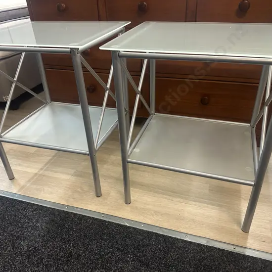 Pair Of Square Silver Coloured Glass Top Side Tables Two Tier H63,W52,D44cm.