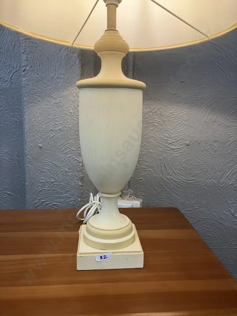 Vintage Table Lamp Wooden Butter Cream Base With Cream Shade H72cm. Image 1++