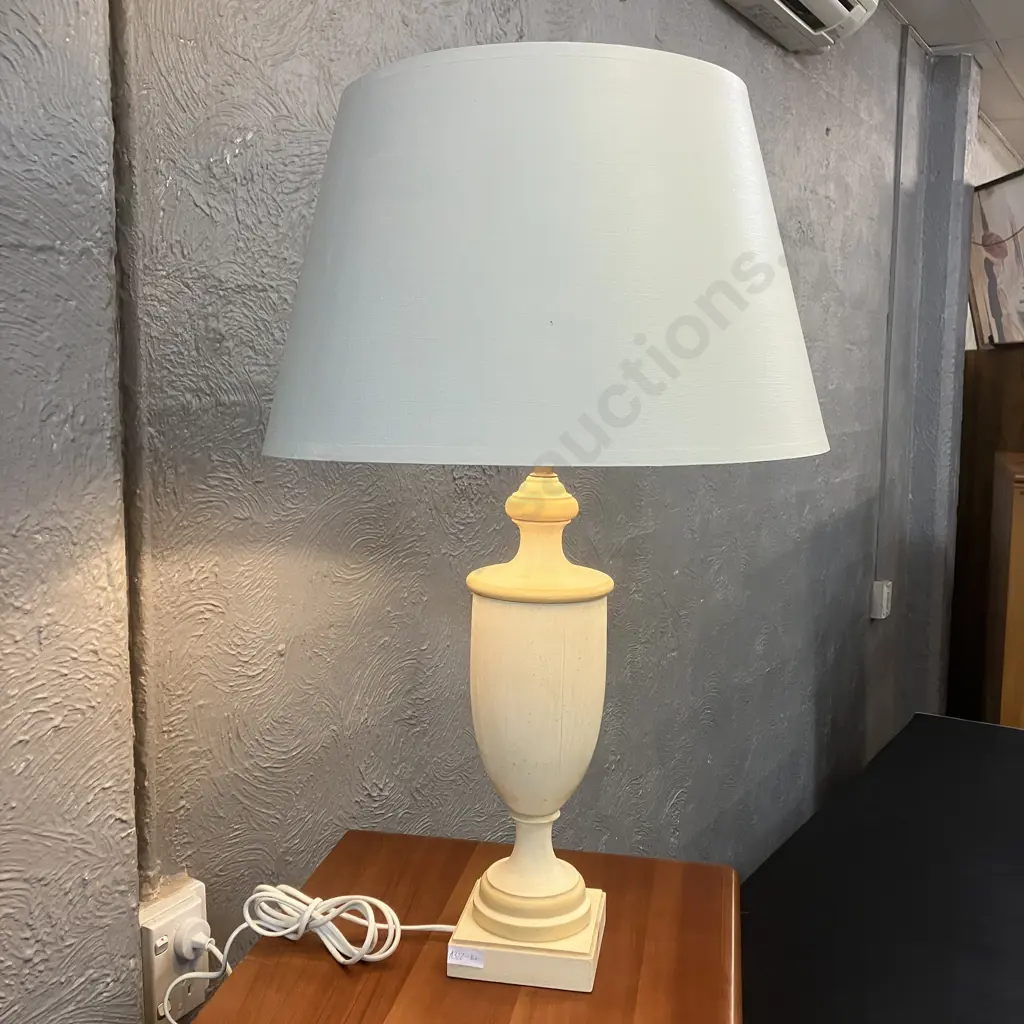 Vintage Table Lamp Wooden Butter Cream Base With Cream Shade H72cm. Image 1++