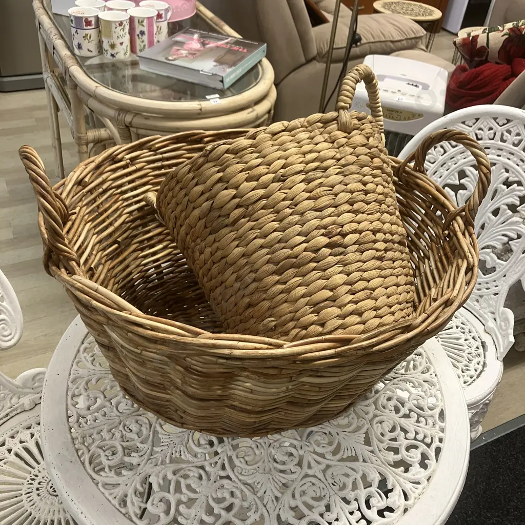 Woven Cane Laundry Basket & Water Hyacinth Basket Image 1++