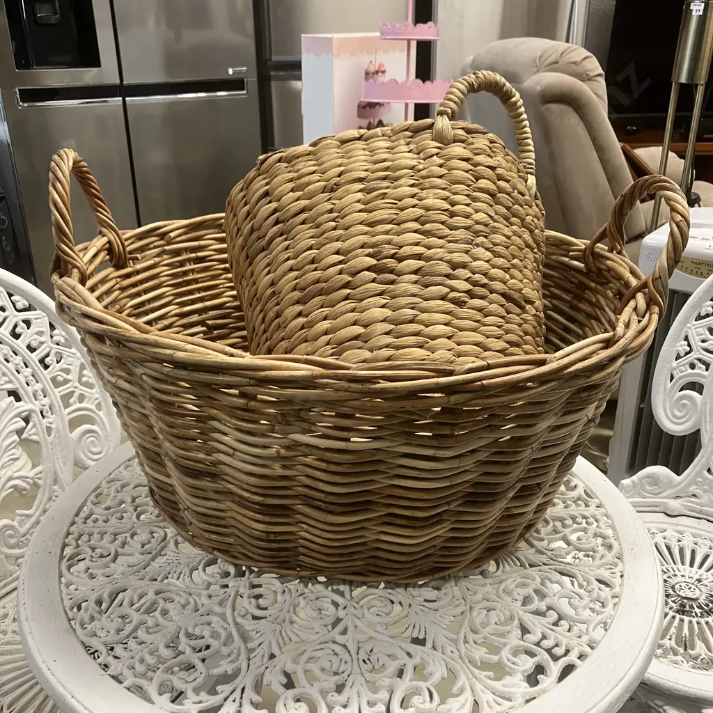 Woven Cane Laundry Basket & Water Hyacinth Basket Image 1++