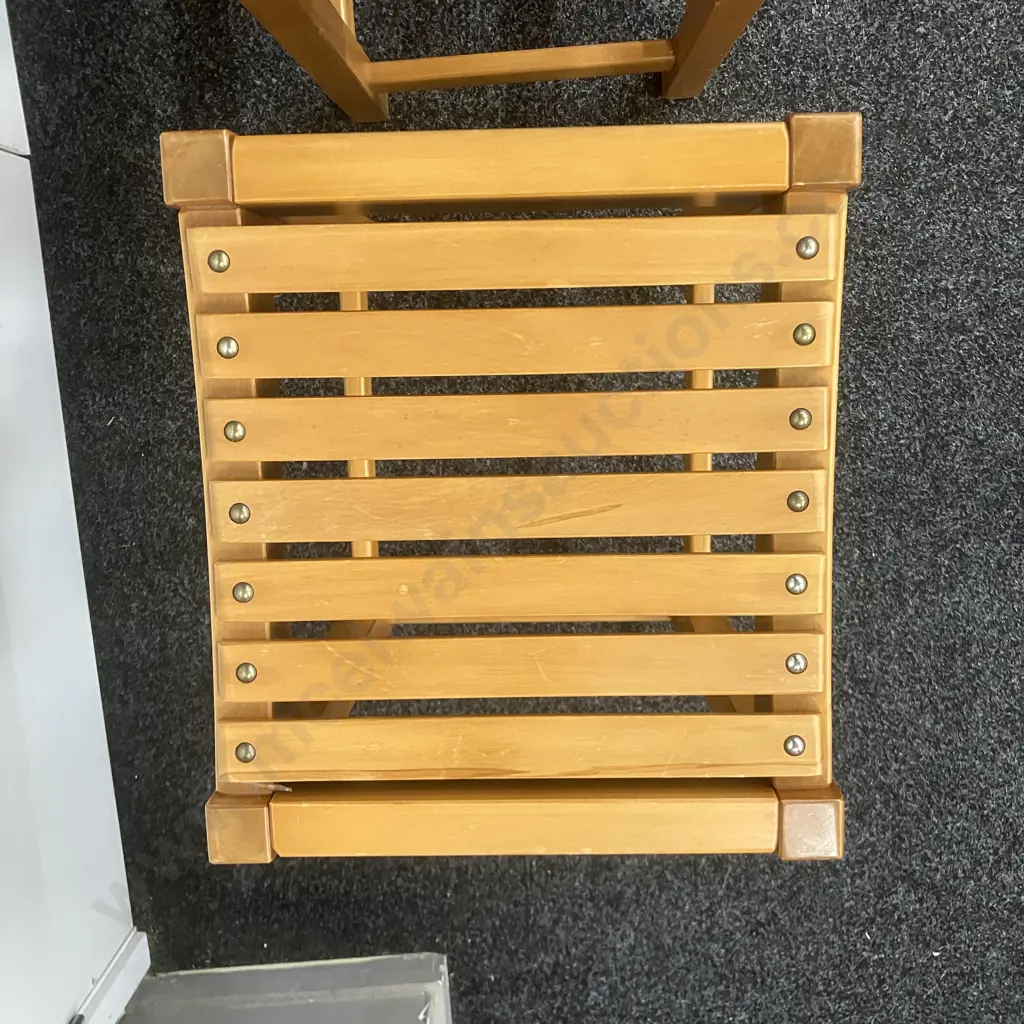 Pair of Mid Century Rimu Barstools, Curved Slatted Seats. H59 W37 D33cm Image 1++