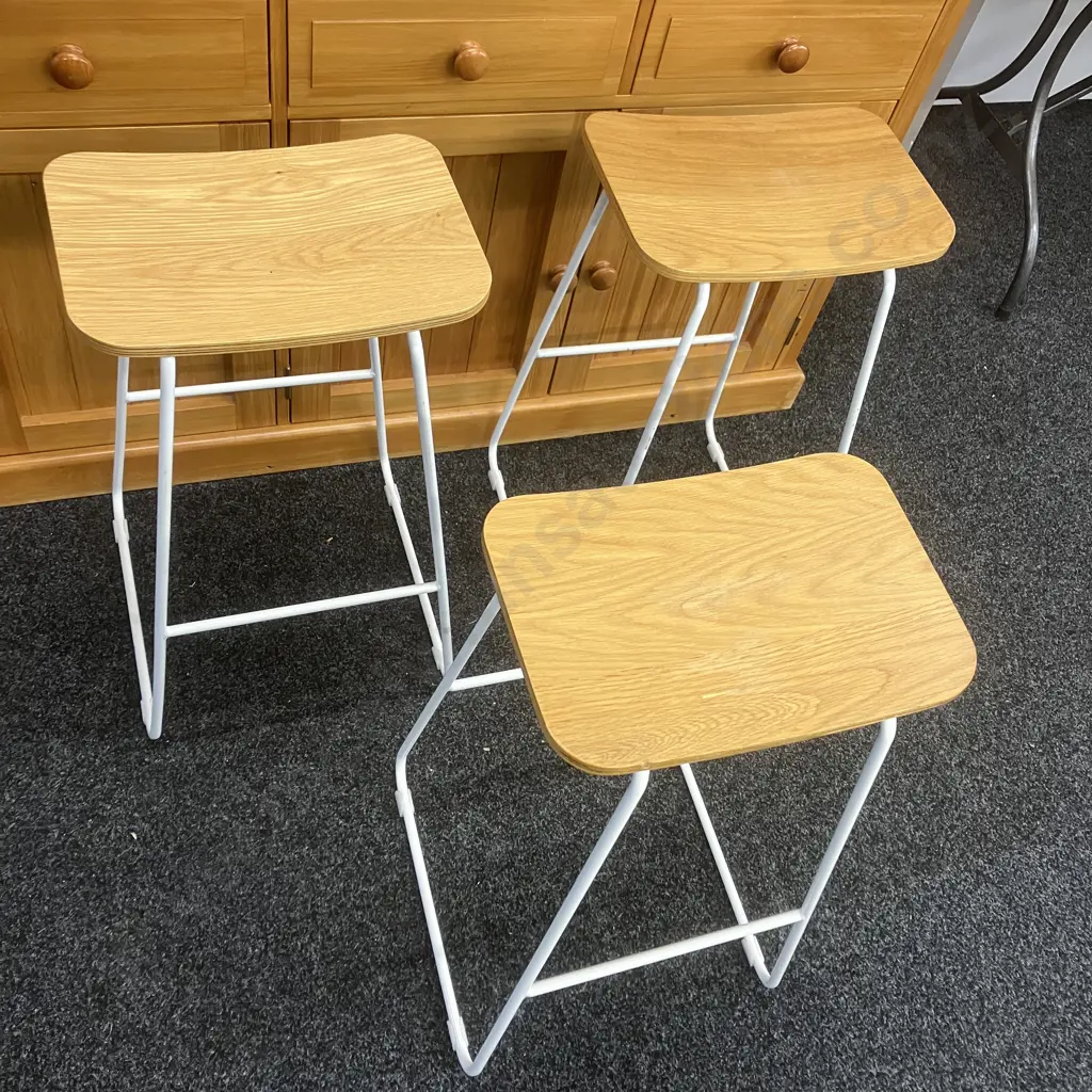Set of Three Wooden & White Steel Sled Base Bar Stools. H71cm Image 1++