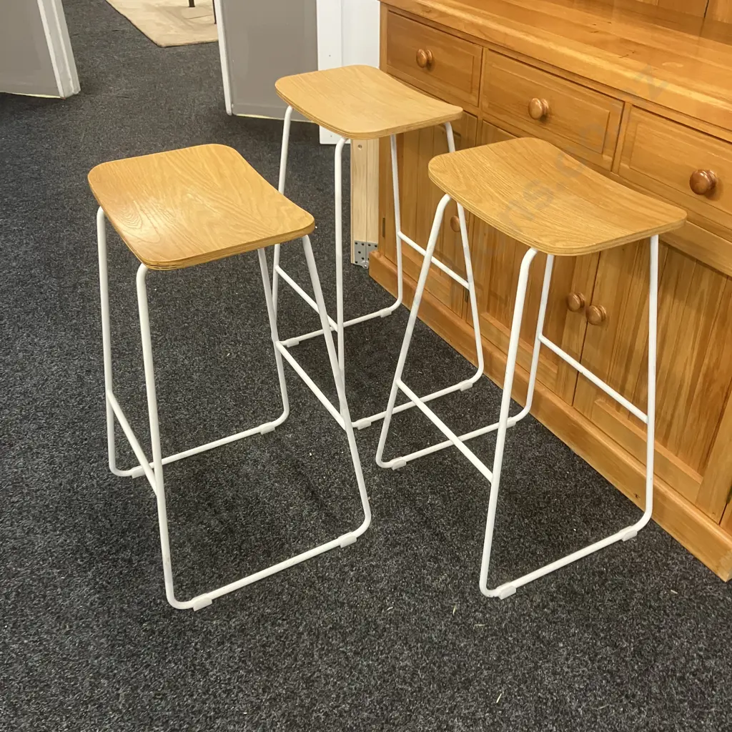 Set of Three Wooden & White Steel Sled Base Bar Stools. H71cm Image 1++